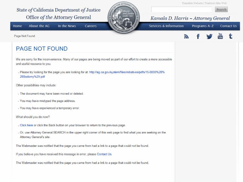 Attorney General Kamala Harris's office quickly removed the "Sodomite Suppression Act" from its website after the judge's ruling.